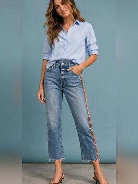AMO Loverboy Satin Side Stripe Cropped Straight Leg Jeans Size 30